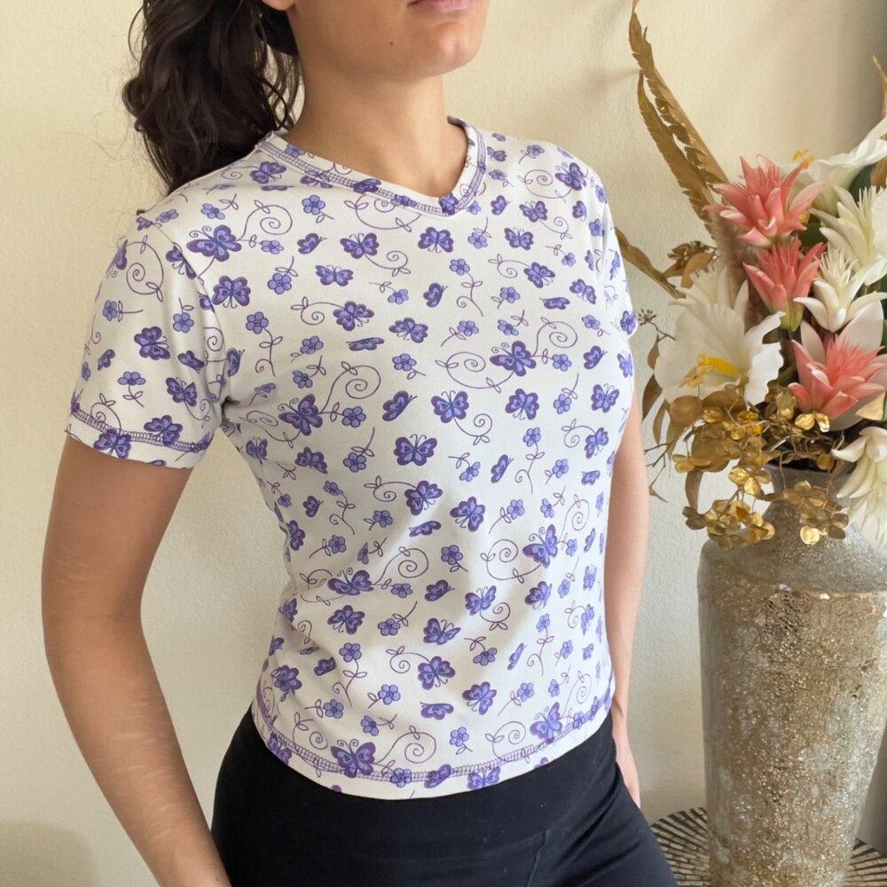 Y2K Purple Butterflies Coquette Deadstock Cotton Top